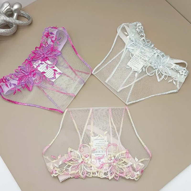 FREEDOMBEAUTY | Transparent mesh embroidery three-piece color matching light crotch-free sexy hollow sex thong three-piece cross-border