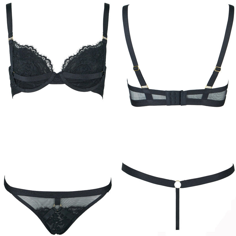 Freedombeauty | FQ2824 Lash Lace Elastic Memory Steel Rim Double Layer Micro-Collect Bra Set Garter Sparkle Mesh Black