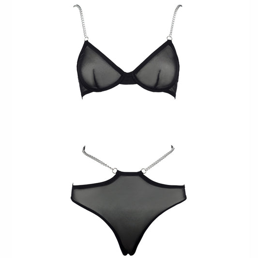 FREEDOMBEAUTY | FQ2702 European and American perspective sexy seamless Internet celebrity ins metal chain steel ring bra medium and high waist mesh briefs