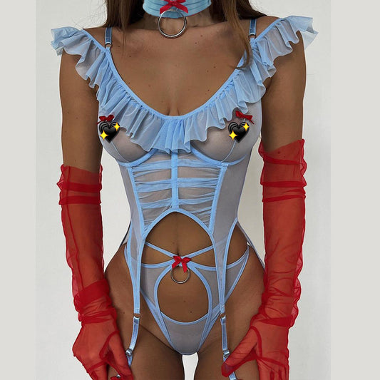 freedombeauty｜Mesh girl sexy splicing fish bone backless sexy suspender onesie women's lingerie