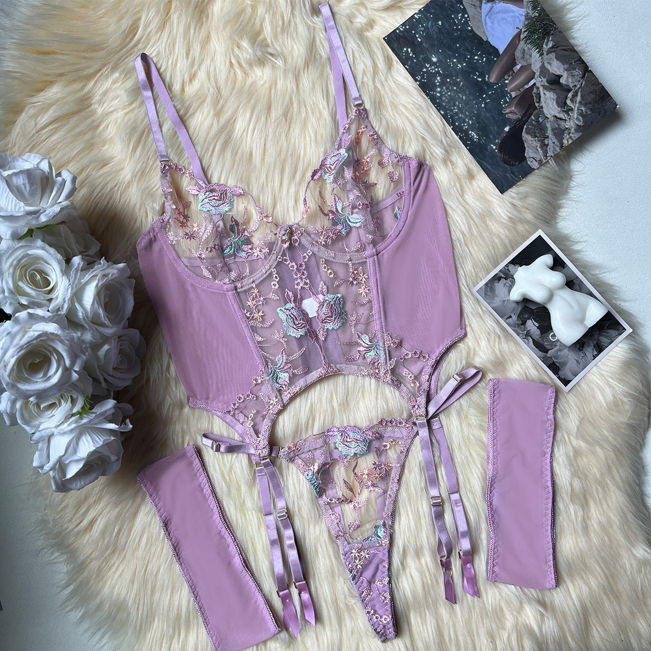 freedombeauty|Embroidered sexy underwear new three-point erotic underwear mesh embroidery perspective set