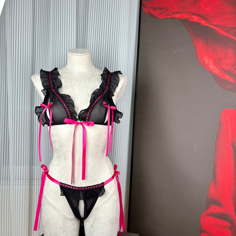 FREEDOMBEAUTY | FQ2096S Bow Hollow Free Sex Underwear Set Women's Big Breast Lotus Leaf Edge Perspective Mesh Pure Desire T