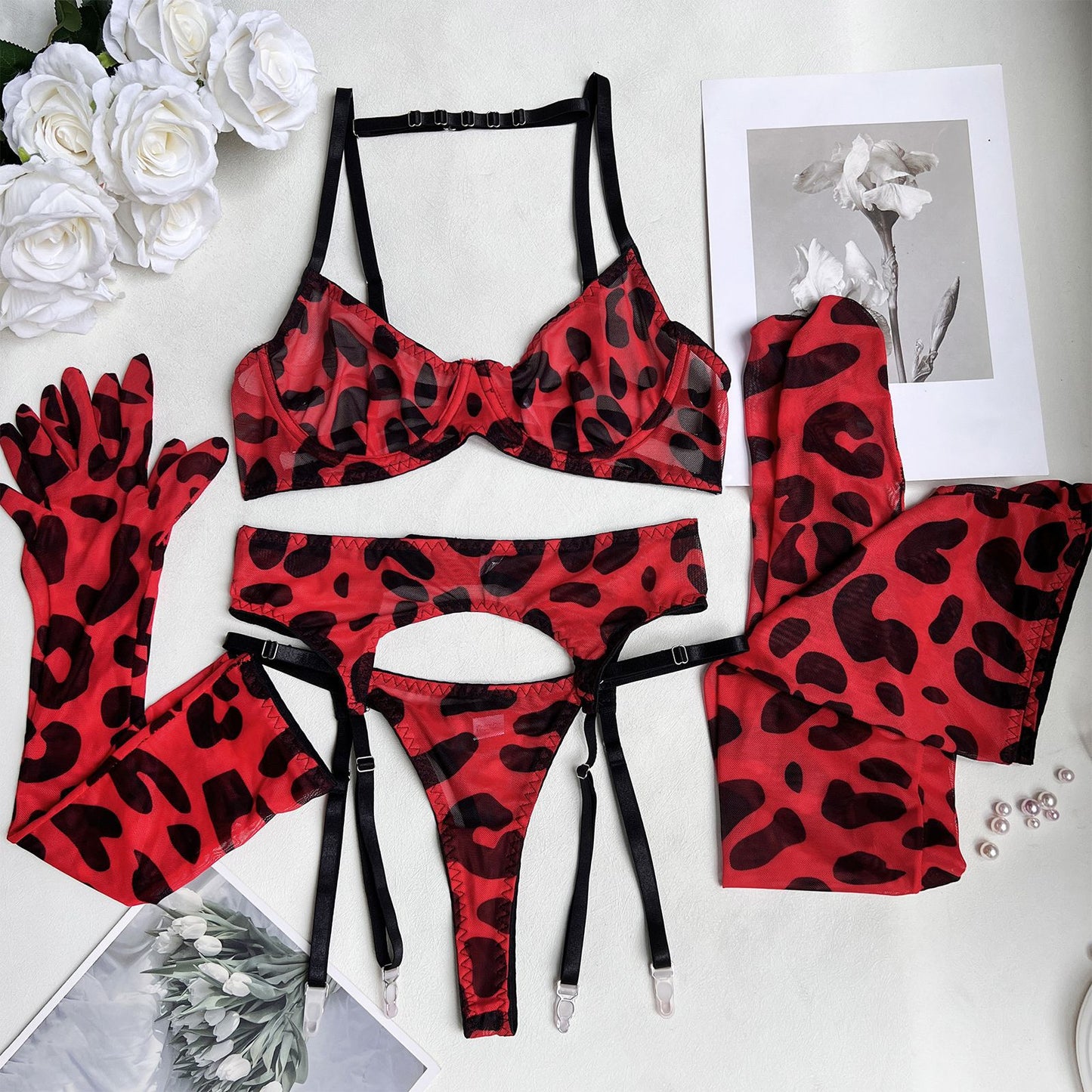 freedombeauty|ins Leopard print sexy underwear 5-piece set New leopard print sexy underwear fun kit