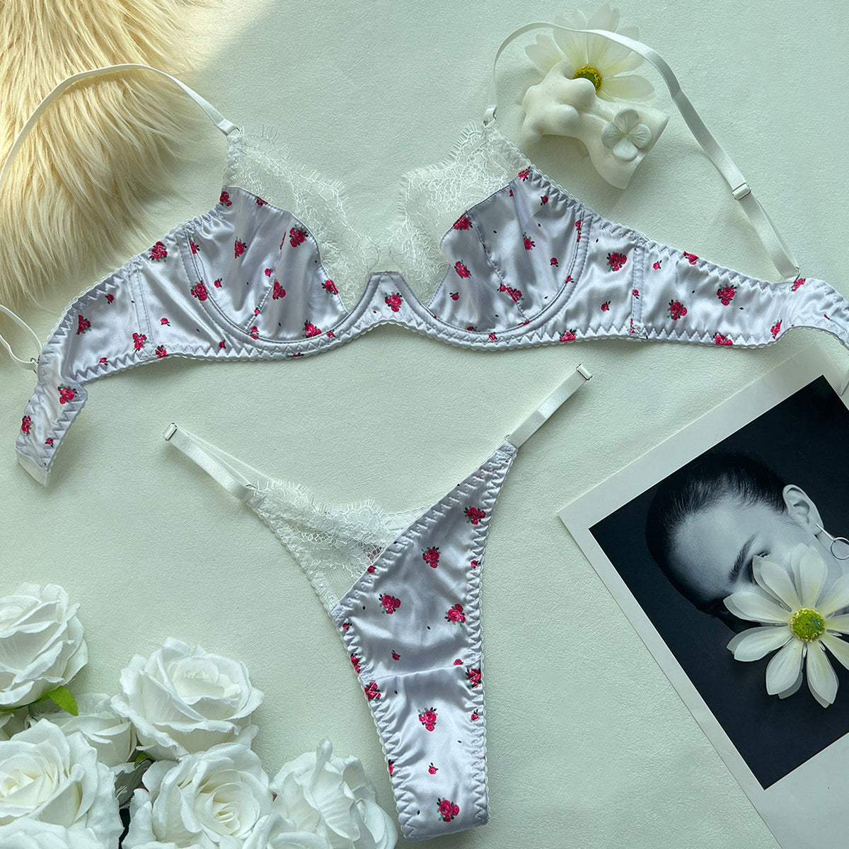 FREEDOMBEAUTYDIER French satin small floral lace splicing bra thong set underwear panty set