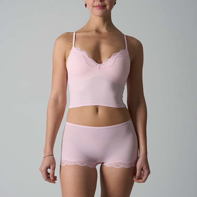 FREEDOMBEAUTY | fits everybody with chest pads, suspenders, nude slim-fit lace tank top, shorts set