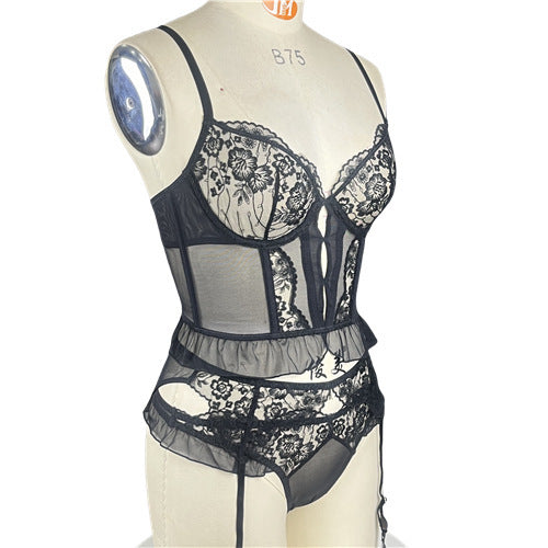 FREEDOMBEAUTY | New ultra-thin underwear French pure desire hollow lace embroidered fishbone garment garter sexy mesh bra set
