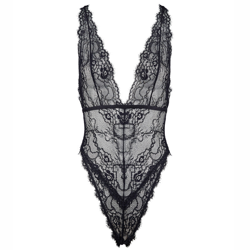 FREEDOMBEAUTY | FQ2718 Elastic Eyelash Lace Deep V Cross Strap Halter Black Sexy Sexy High Forked onesie