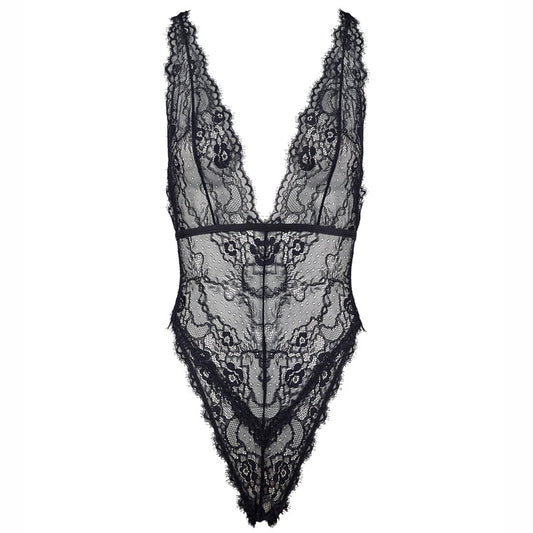 FREEDOMBEAUTY | FQ2718 Elastic Eyelash Lace Deep V Cross Strap Halter Black Sexy Sexy High Forked onesie