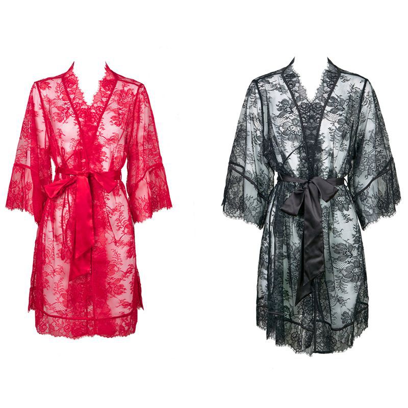 FREEDOMBEAUTY | FQ2871 Eyelash lace perspective satin nightgown medium sleeve morning gown women's wedding cross-border European and American matching coat quality