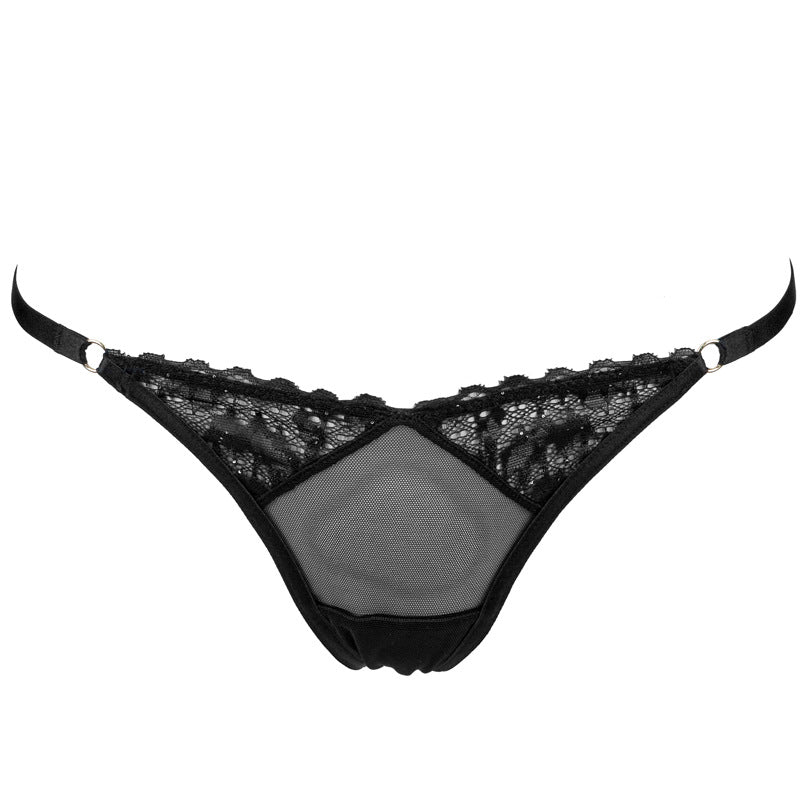 Freedombeauty | FQ2852 French lace triangle cup soft steel rim perspective chain bra thong garter black lingerie