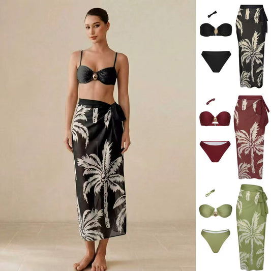 FREEDOMBEAUTY | New split swimsuit women's sexy suspenders tight bikini wrap skirt three-piece slim vacation swimsuit women