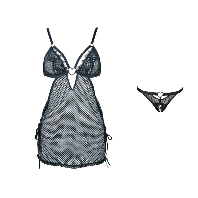 FREEDOMBEAUTY | FQ2832 Love buckle elastic mesh pull wrinkled eyelash lace see-through nightdress can be matched with open crotch pants T pants backless strap