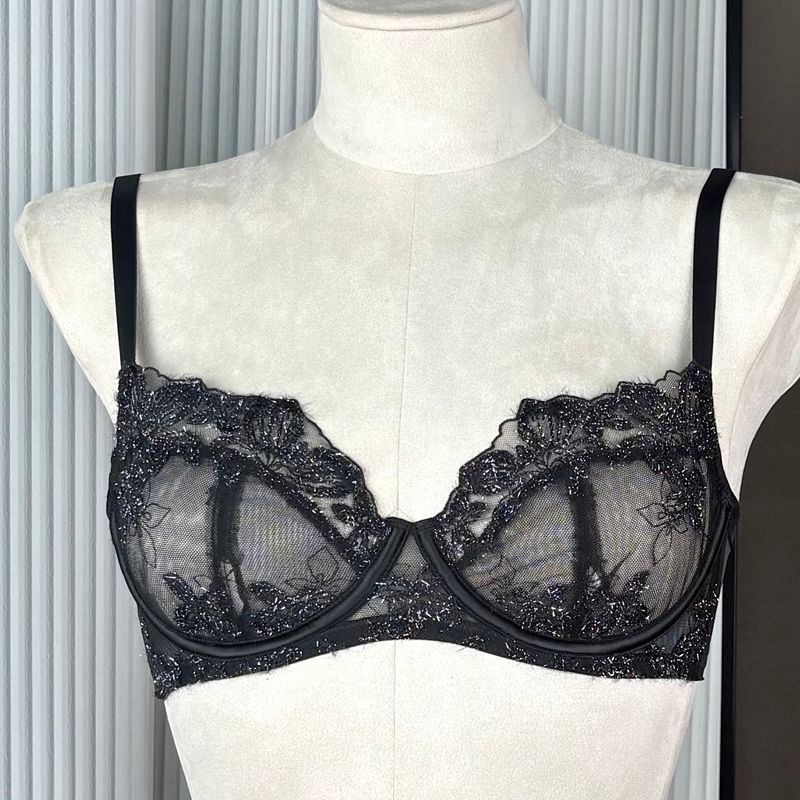 FREEDOMBEAUTY | FQ2887 Red velvet embroidery mesh sexy perspective women's bra steel rim thin set European and American foreign trade cross-border
