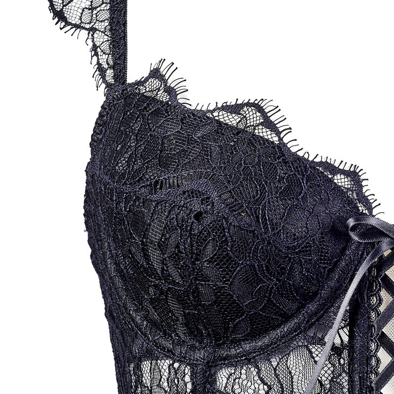 Freedombeauty | FQ2709 Eyelash Lace Sponge Rim Cross Strap Fishbone Bust with Exterior Zipper