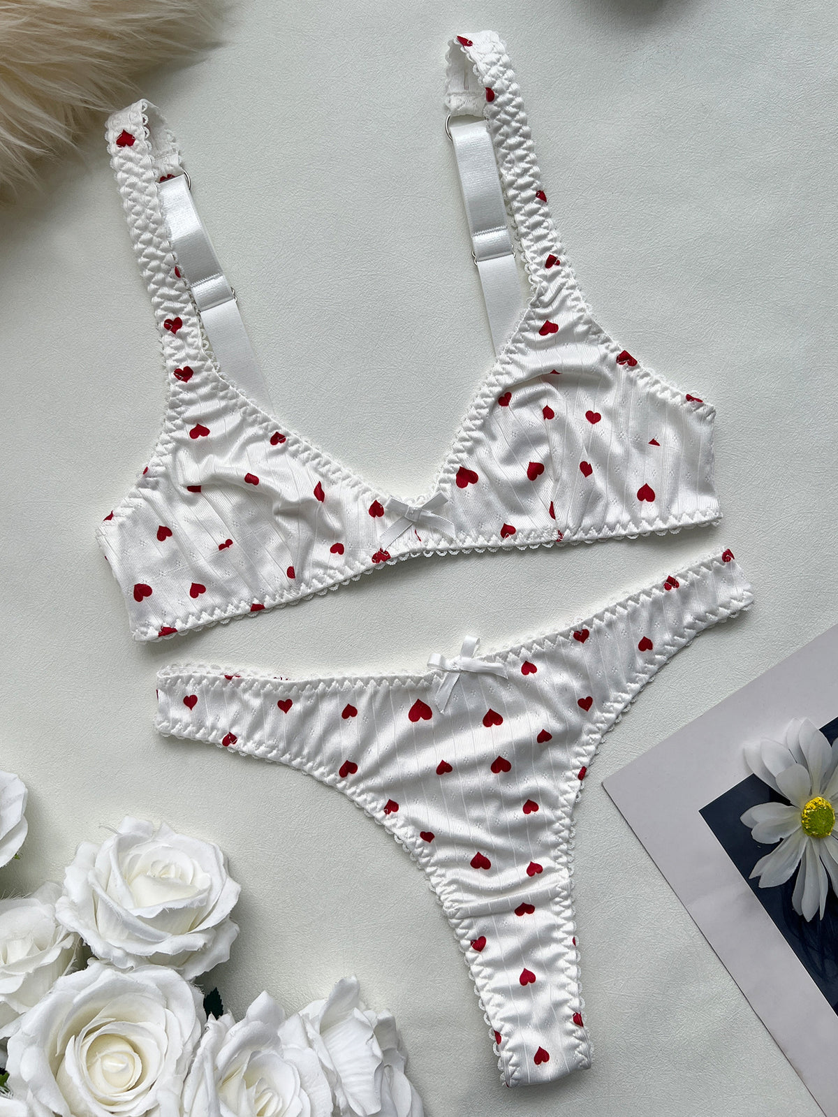 FREEDOMBEAUTYDIER French satin sweet red heart print bra set, lace lace pure desire women's underwear two-piece set