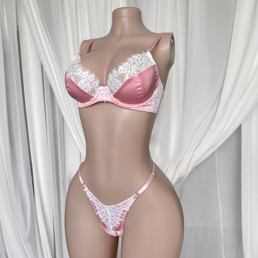 FREEDOMBEAUTY | cross-border wholesale pink bra thong set, eyelash lace splicing sex underwear set