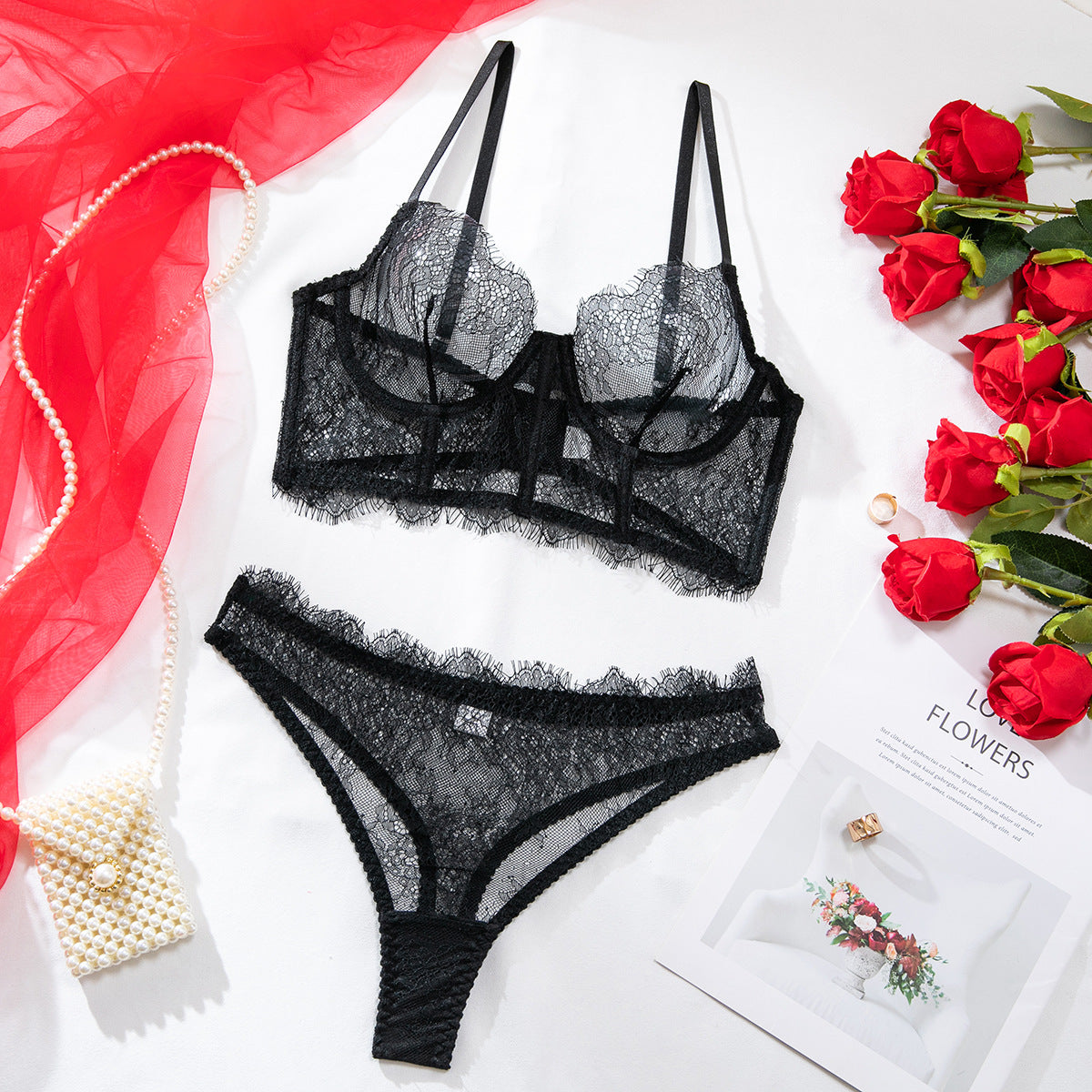 FREEDOMBEAUTY | Amazon cross-border new sex underwear sexy fishbone lace hollow temptation three-point bra underwear set