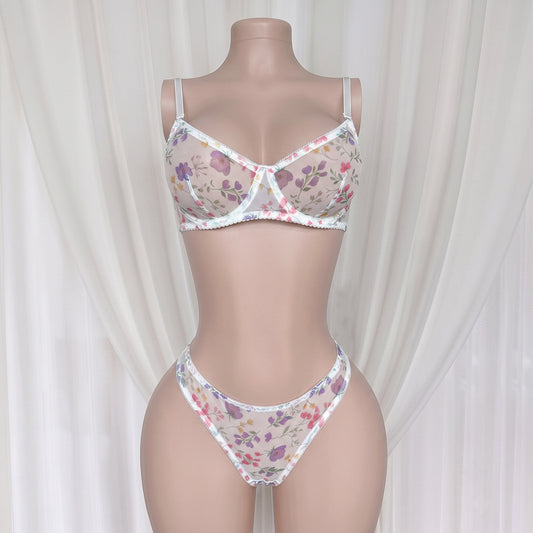 FREEDOMBEAUTY | Cross-border pastoral floral bra set, mesh breathable briefs girl two-piece set