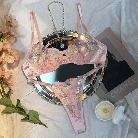 FREEDOMBEAUTY | Cross-border foreign trade INS new Valentine's Day honeymoon sexy mesh flower embroidery perspective underwear women's two-piece set