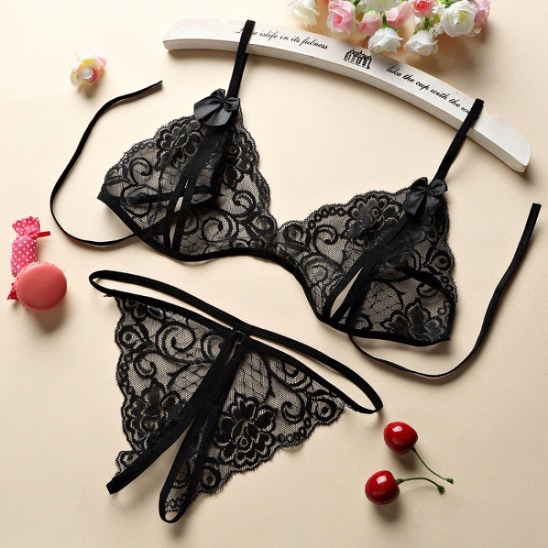 FREEDOMBEAUTY | Sex lingerie women's open three-point sexy lace transparent open panties bra strap backless temptation