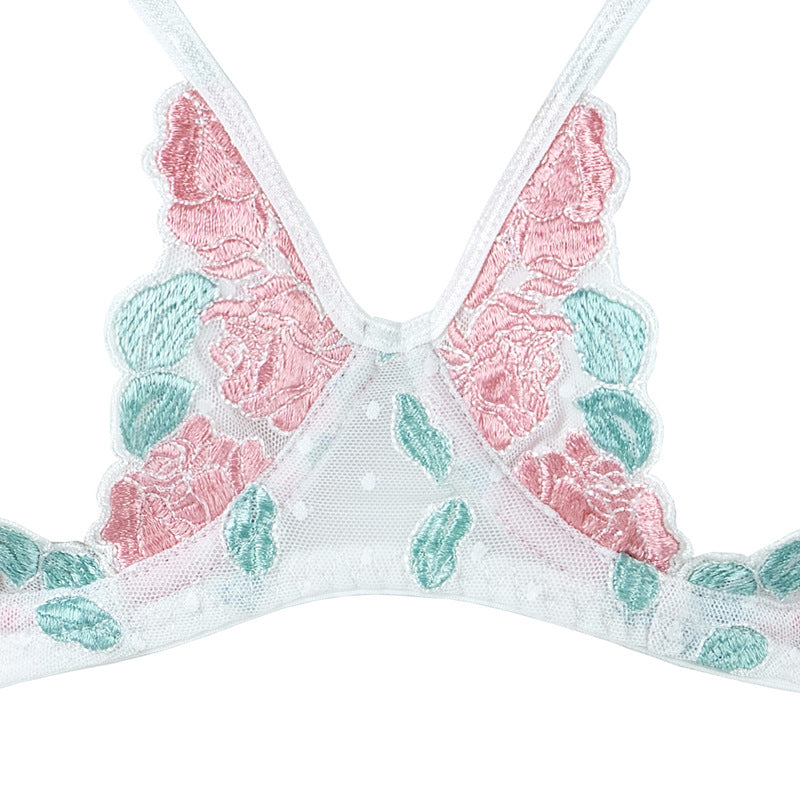 FREEDOMBEAUTY | FJ306 Rose Embroidery Polka Dot Mesh Steel Torch Open Crotch Set Hollow Sexy Pure Lust Bra Ladies White