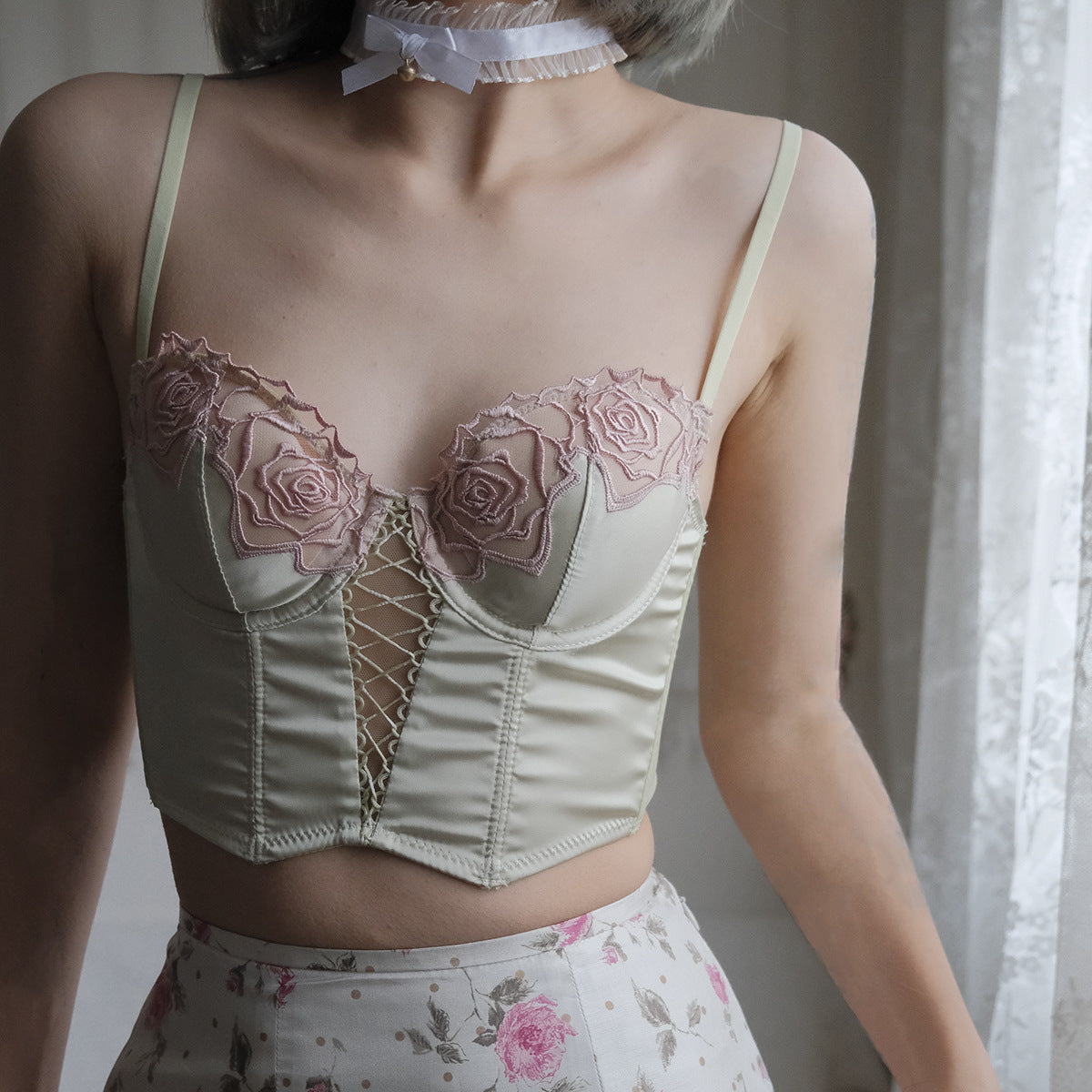 FREEDOMBEAUTY | Retro rose fish bone bra vest European and American waist underwear shaping gathering French long thin bra set women