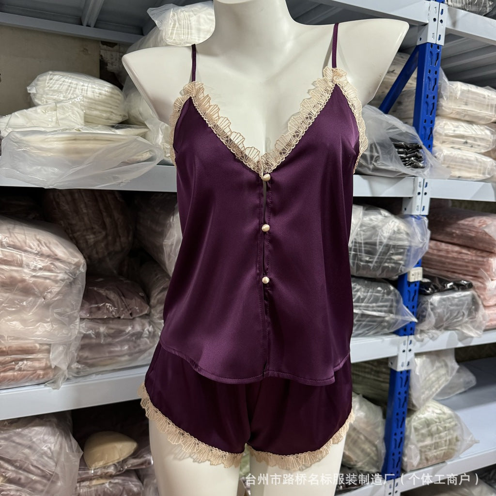 FREEDOMBEAUTY7087 Shell Embroidered Delicate Satin Sex Pajamas Pajamas Two-piece set, excluding removable chest pads