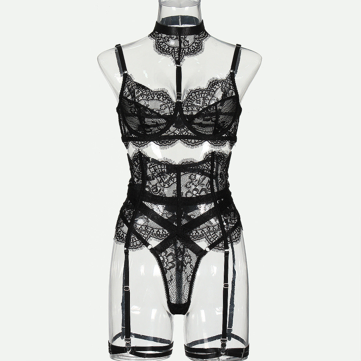 Freedombeauty | Hot-selling lingerie French lace sexy perspective five-piece underwear set