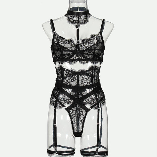 Freedombeauty | Hot-selling lingerie French lace sexy perspective five-piece underwear set