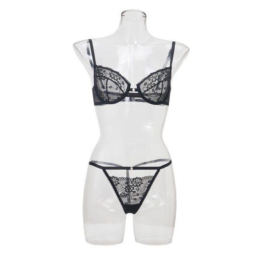 FREEDOMBEAUTY | French women's bra thong set, new hollowed-out perspective black and white lace sexy underwear women