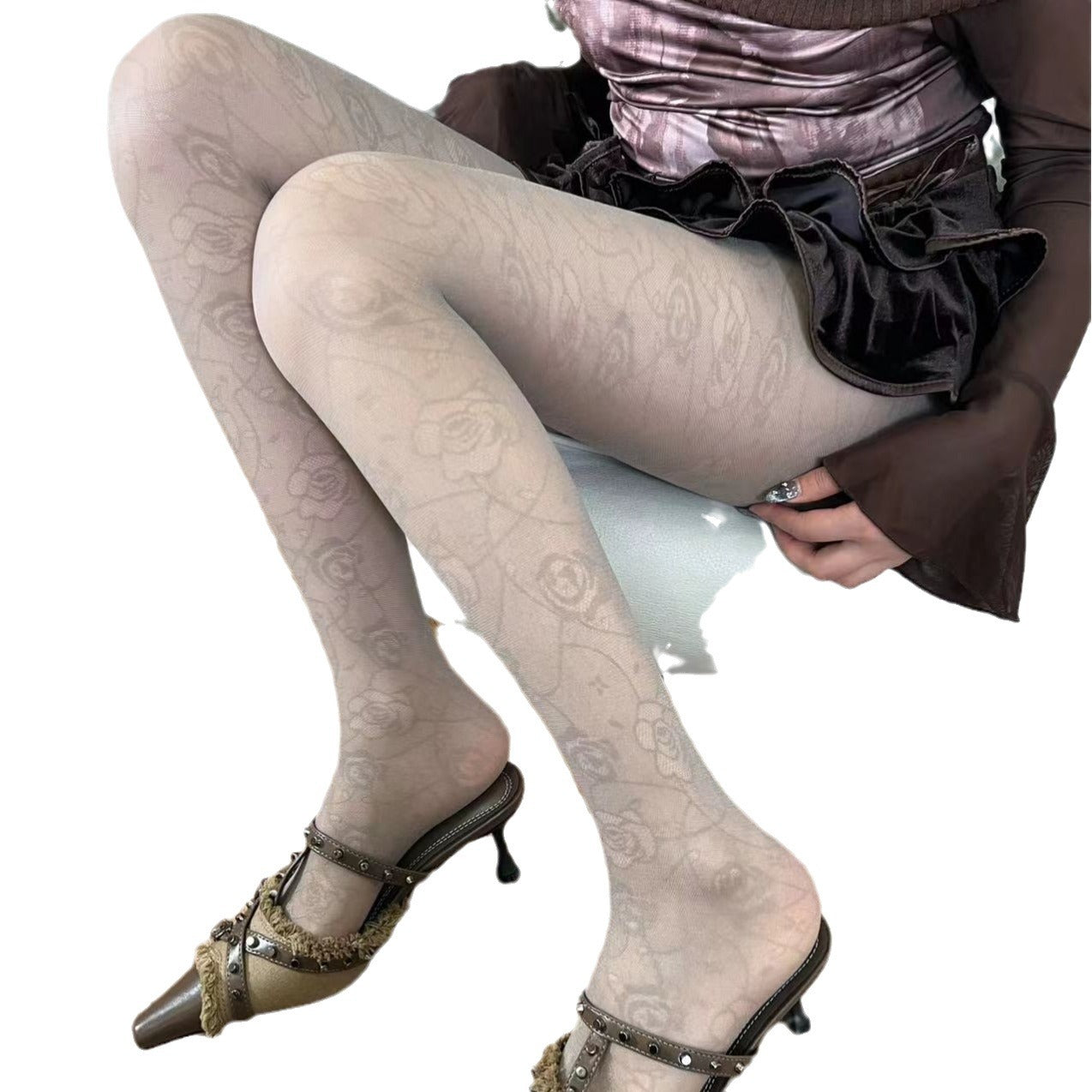 FREEDOMBEAUTY | Spring and summer new French retro rose princess branch vine winding niche elegant versatile milk white stockings pantyhose