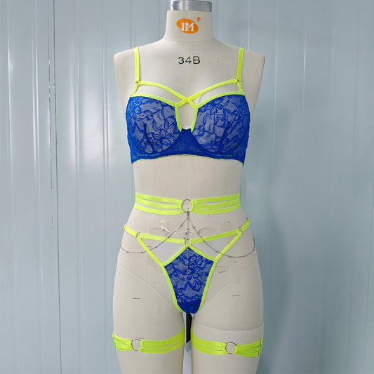 FREEDOMBEAUTY | Cross-border European and American sexy thin lace bra set strap-on metal chain underwear women's thong with leg ring