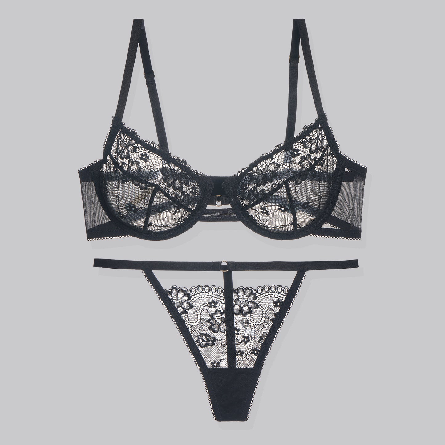FREEDOMBEAUTY | French women's bra thong set, new hollowed-out perspective black and white lace sexy underwear women