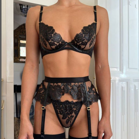 FREEDOMEBEAUTY | Black flower embroidery with steel ring bra thong women's sexy underwear three-piece set European and American cross-border new wholesale