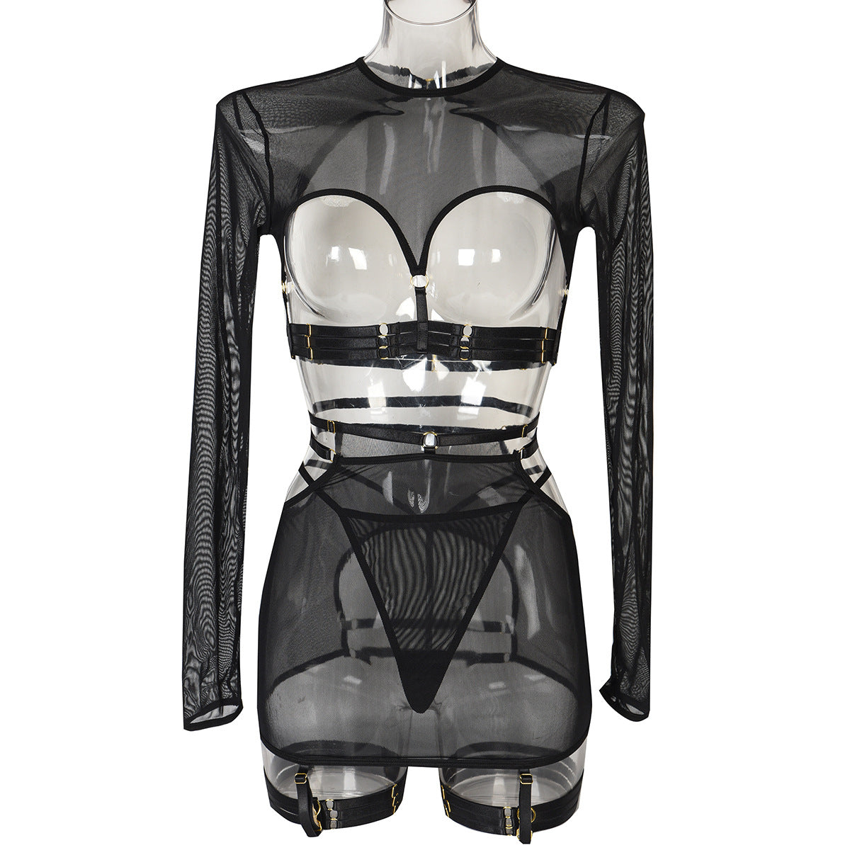 FREEDOMBEAUTY | AliExpress INS underwear 5-piece set sexy hollow straps personalized long-sleeved top with leg rings 3317