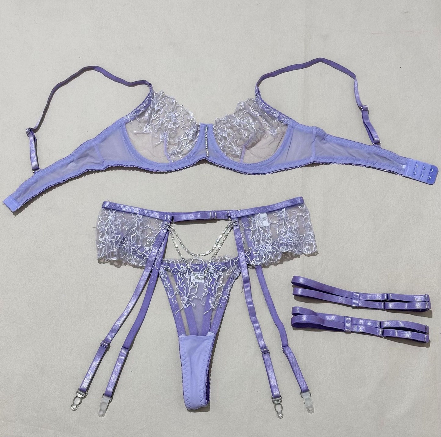 FREEDOMBEAUTY | New Hot Sale Fashion White Rhinestone Decorated Underwear Set Sexy Sex Underwear Set Embroidery
