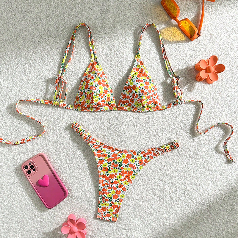 FREEDOMBEAUTY | 2025 new European and American floral lace-up bikini sexy split swimsuit women's beach hot spring swimsuit bikini