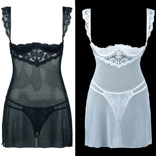 FREEDOMBEAUTY | FQ2913 steel tray sponge dew milk lace mesh nightdress private pajamas sexy lace free panties women black and white