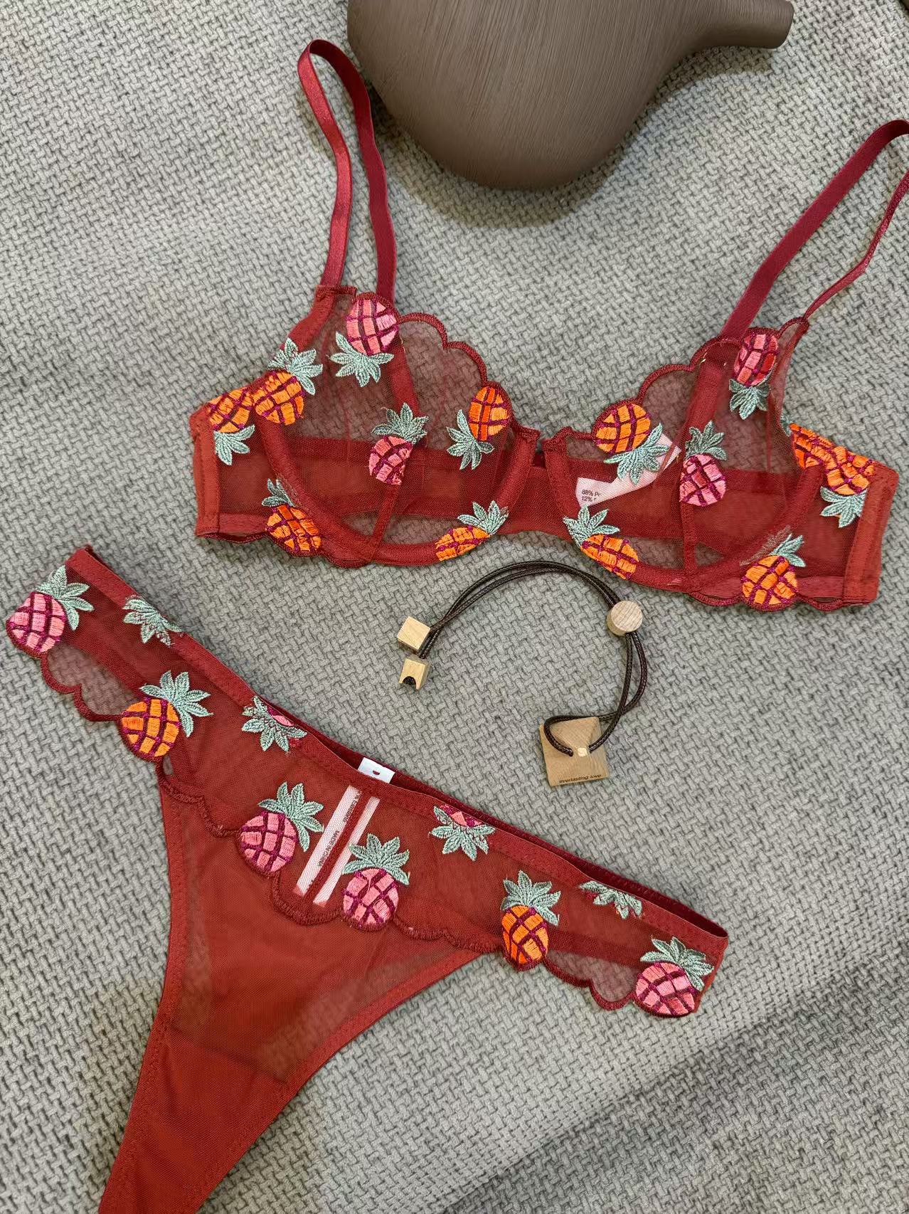 Freedombeauty | Sexy Underwear Lace Mesh Fruit Embroidery Sexy Perspective Big Breasts Small Red Bra Set