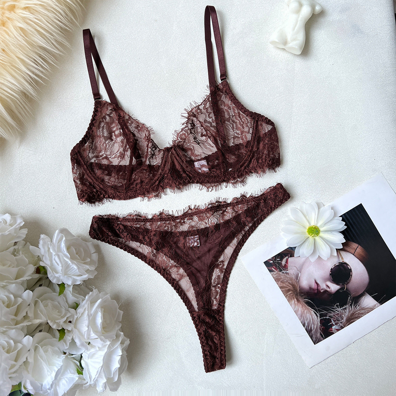 FREEDOMBEAUTY | DIER French retro eyelash lace underwear set, sexy perspective ultra-thin bra with steel tray, briefs