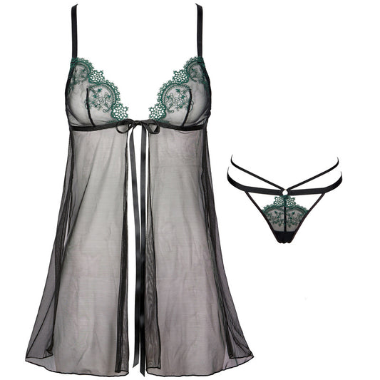 Freedombeauty | FQ2766 Women's Sexy Perspective Suspender Strap Nightdress Mesh Sexy Pajamas Short Lace Thong Crotch Pants