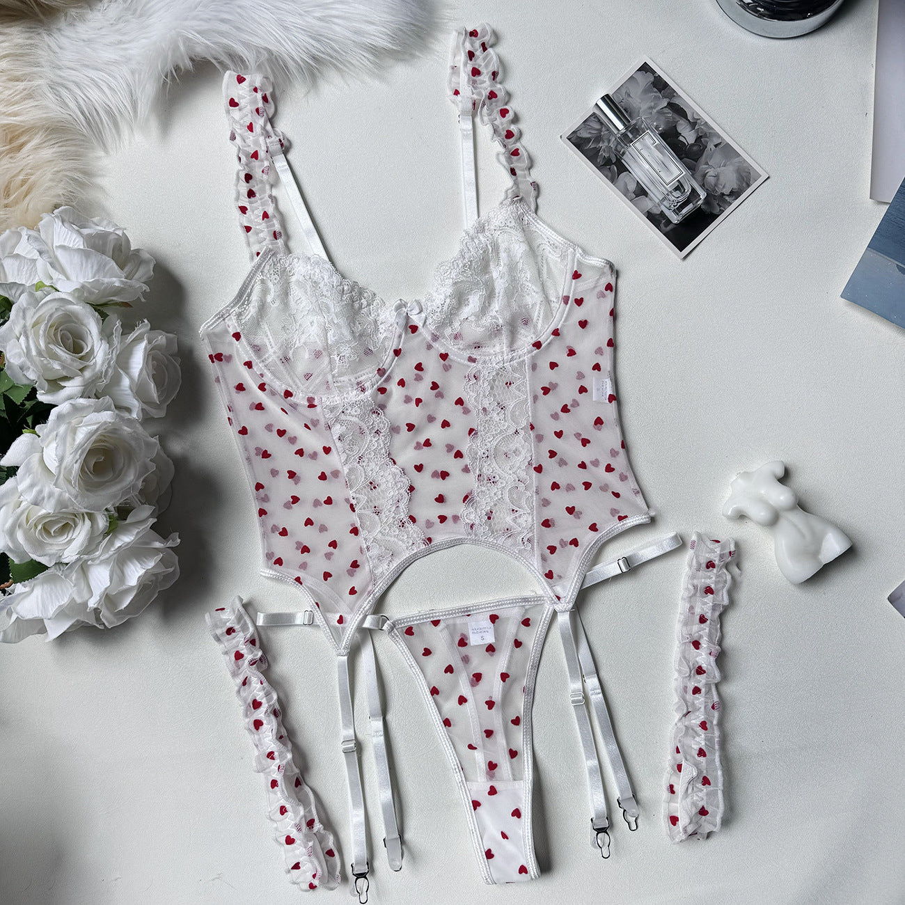 freedombeauty|Flocking Love 4-piece Sexy Ladies Underwear Set Suspender Bra + Thong + 2 Leg Socks