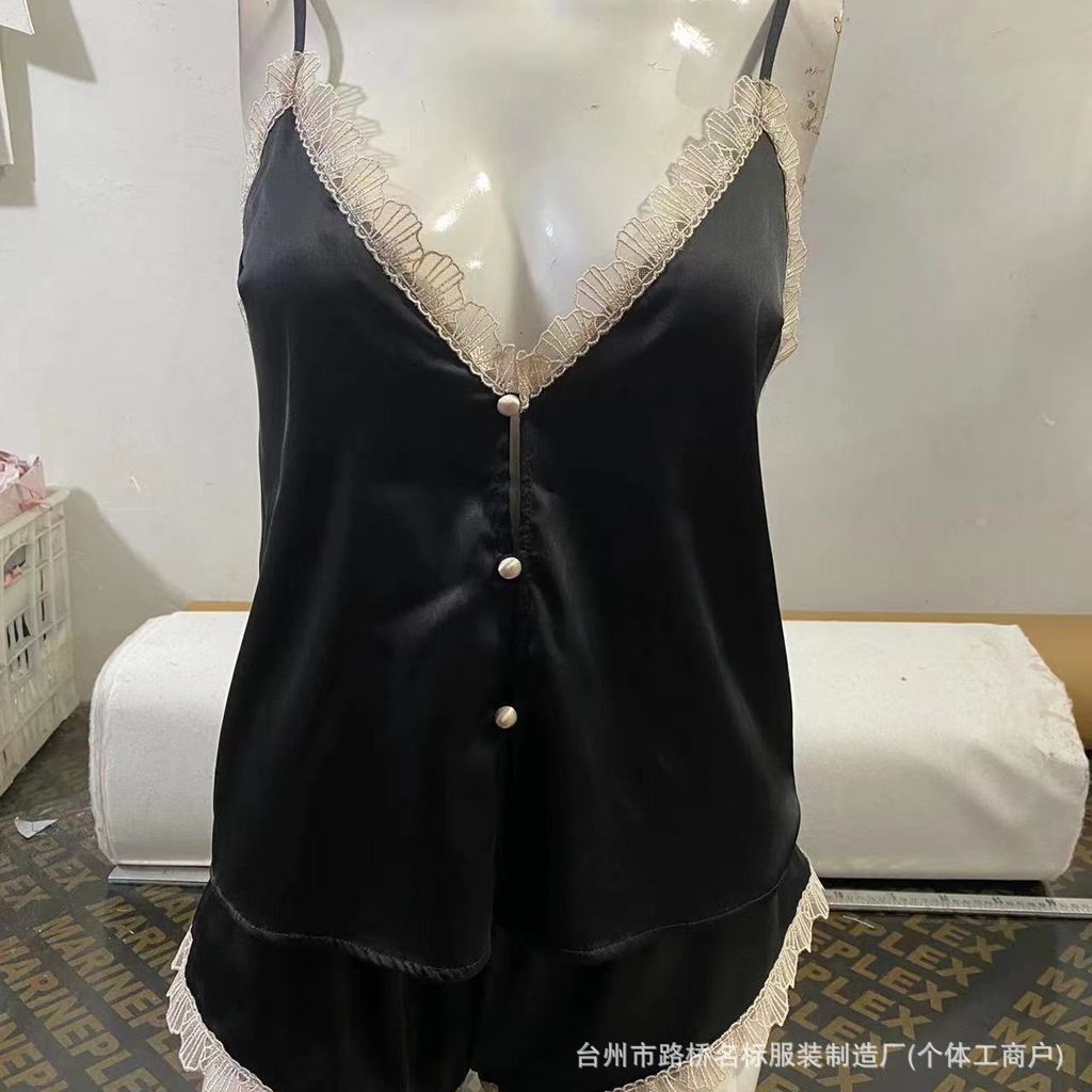 FREEDOMBEAUTY7087 Shell Embroidered Delicate Satin Sex Pajamas Pajamas Two-piece set, excluding removable chest pads