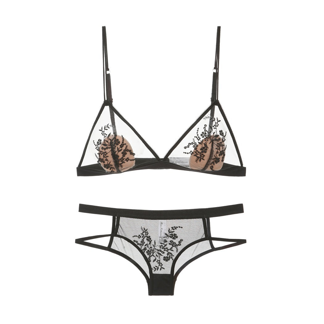 FREEDOMBEAUTY | European and American sexy mesh embroidered lace underwear ultra-thin triangular cup steel-rimless bra big chest small bra set