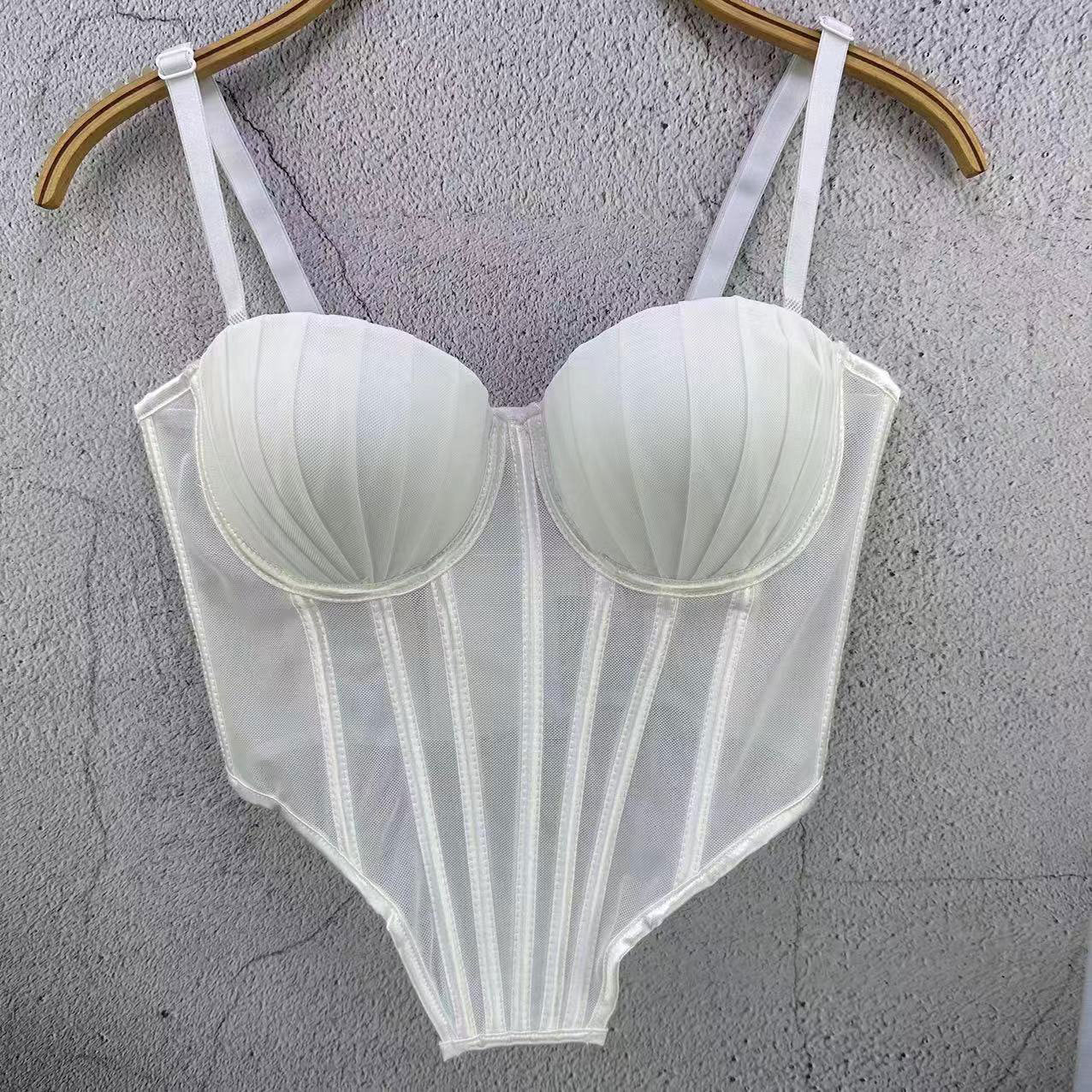 FREEDOMBEAUTY | European Station French Design Sense Mesh Lace Plastic Back Underwear Spice Girl Fishbone Tube Top Women's Thin