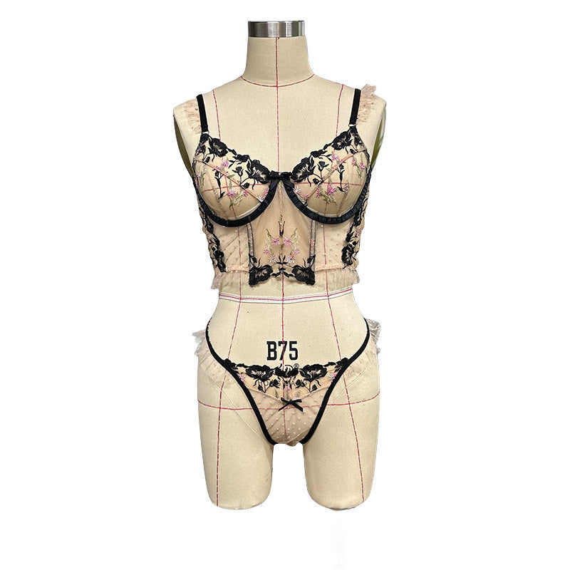 FREEDOMBEAUTY | French ultra-thin underwear lace embroidered steel ring upper support large chest and small bra cross-border mesh transparent bra set