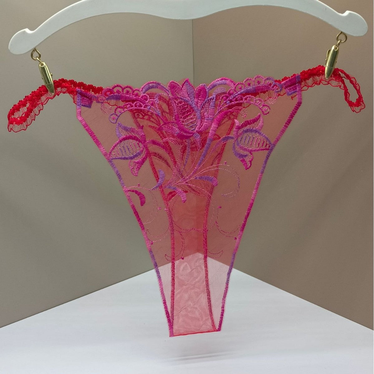 FREEDOMBEAUTY | Sexy transparent women's thong perspective open crotch hollow sex fun rose flower embroidery color matching cross-border