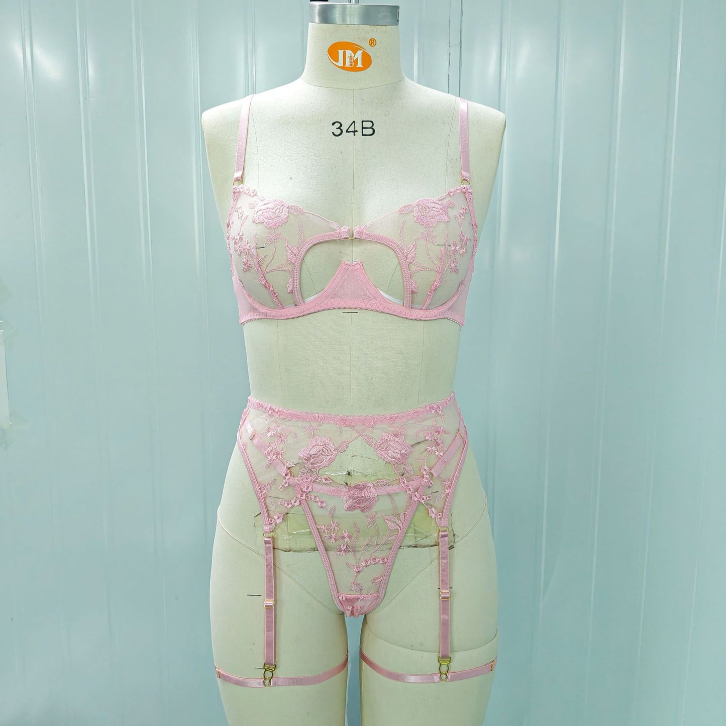 FREEDOMBEAUTY | European and American cross-border foreign trade new pink exquisite flower embroidered women's clothing with steel ring waist seal garter belt bra set