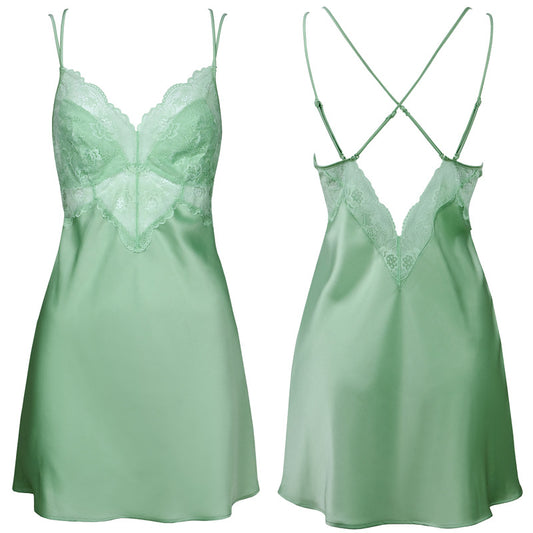 FREEDOMBEAUTY | FQ2866 Pure lace satin women's suspender cross nightdress summer thin high-end deep V Europe and America