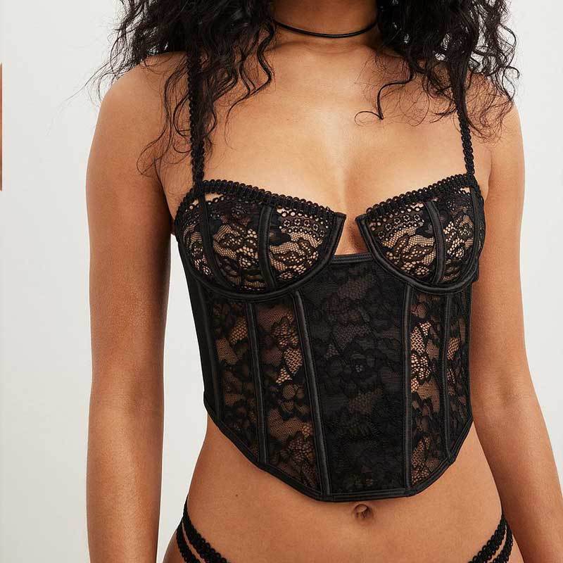 FREEDOMBEAUTY | Wear retro girl sexy fishbone underwear suspenders, thin gathering Valentine's Day lace sexy underwear 3 sets